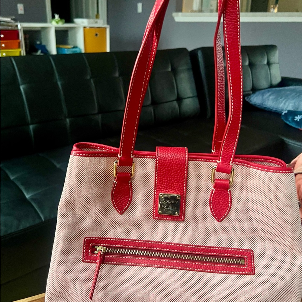 Dooney & Bourke Pink Canvas Tote with Red Trim and Gold Hardware